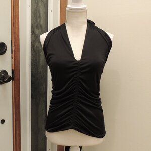BHFO Black Ruched Halter Top Deep V Neck Tie Back Sleeveless